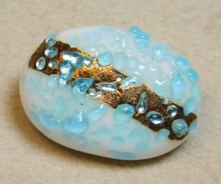 Antique Vintage Button Oval White Glass With Baby Blue Sugar Sprinkles & Gold