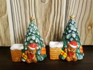 2 Ceramic Christmas Tree Candleholder Bear W Christmas Tree 6 " Jsny Center Piece