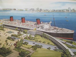 Vintage R.  M.  S Queen Mary Lithograph Art Print/poster Proposed Site Rendering