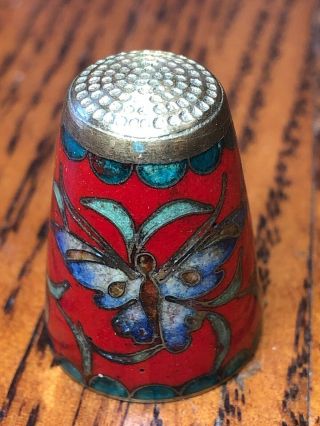 Thimble Cloisonne Brass And Red Enamel Background With Blue And Gold Butterfly