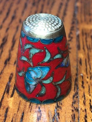 Thimble Cloisonne Brass And Red Enamel Background With Blue And Gold Butterfly 2