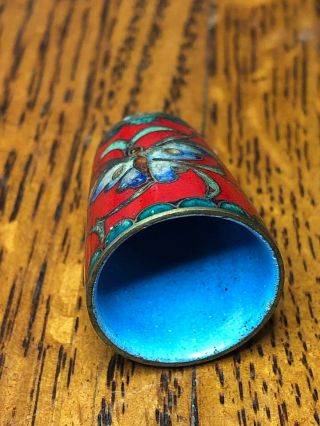 Thimble Cloisonne Brass And Red Enamel Background With Blue And Gold Butterfly 4