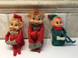 3 Vintage Elf On A Shelf - Knee Hugger - Christmas Ornament Dolls