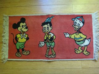 Vintage Disney Pinocchio Mickey Mouse Donald Throw Rug W/ Fringe - 40 X 19 " Red