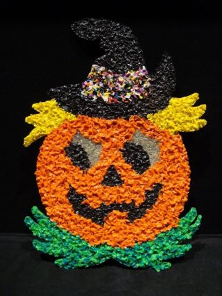 Vintage Halloween Scarecrow Pumpkin Witch Melted Plastic Popcorn Art Decoration
