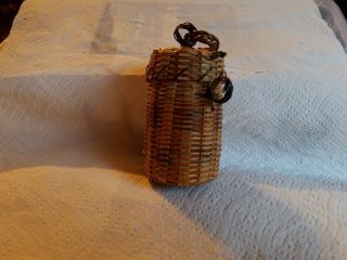 Vintage Miniature Native American,  Woven,  Hanging,  Basket With Lid