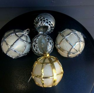 Vintage Plastic Bradford Christmas Ornaments Filagree Ball Cage With Angel Hair