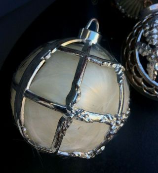 Vintage plastic Bradford Christmas ornaments filagree ball cage with angel hair 2
