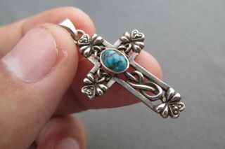Vintage Ot Ireland Sterling Marcasite Celtic Knot Turquoise Cross Pendant