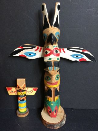 Totem Pole Pair 8.  5” 3.  75” Native Northwest Carved Wood Vtg Mid Century