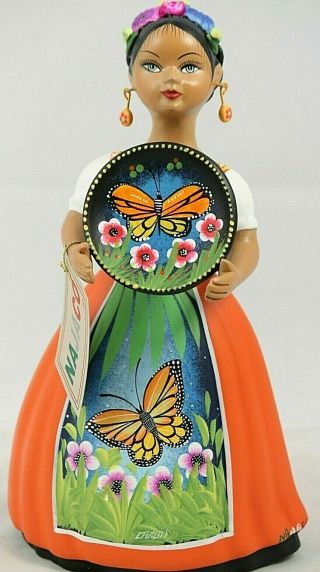 Lupita Najaco Ceramic Doll/figurine Mexican Folk Art Platter W Butterfly Orange