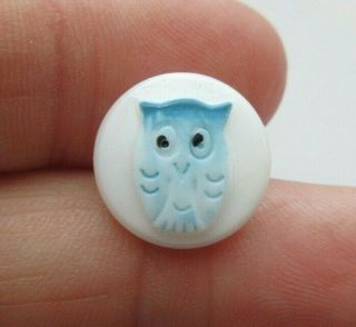 Sweet Small Antique Vtg Painted Glass Button Realistic Owl Bird 5/8 " (z)