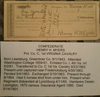 Bank Checks Signed By Confederate 1st Virginia Cavalry