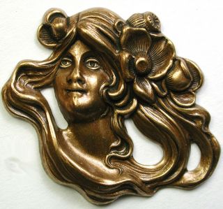 Art Nouveau Realistic Stamped Brass Button Pretty Woman W Long Hair 1 & 5/8 "