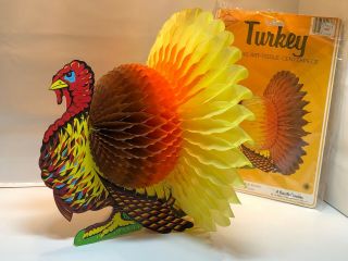 Vintage Turkey Madras Art Tissue Centerpiece Thanksgiving Honeycomb Beistle 12” 4