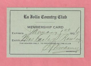1926 La Jolla Country Club Membership Card