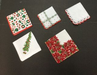 5 Vintage Christmas Handkerchief Snowman Poinsettia Tree Star Xmas Item 1 Repair