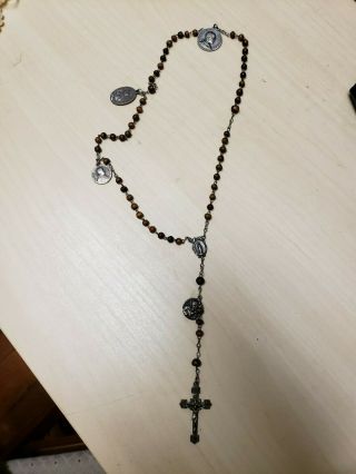 Vintage Five Decade Rosary With Metal Cross And Wood Beads