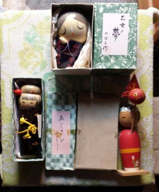 Vintage Wooden Japanese Kokeshi Dolls.  2 Signed Shosaku.  Two Are Very Rare,  Box