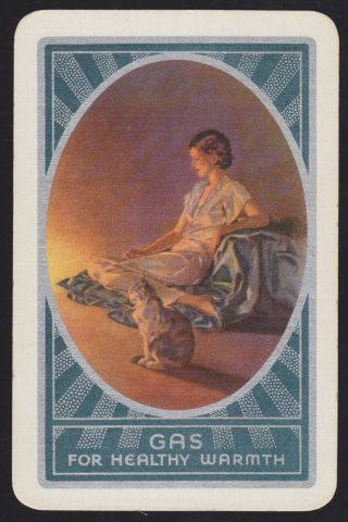 1 Single Vintage Swap/playing Card Adv Gas Evening Lady & Cat Silver Rays