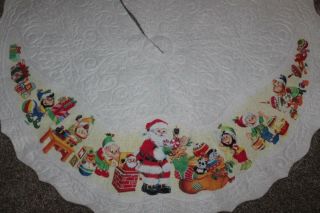 Vintage Christmas Tree Skirt Felt Elves Santa 34 " Embossed White