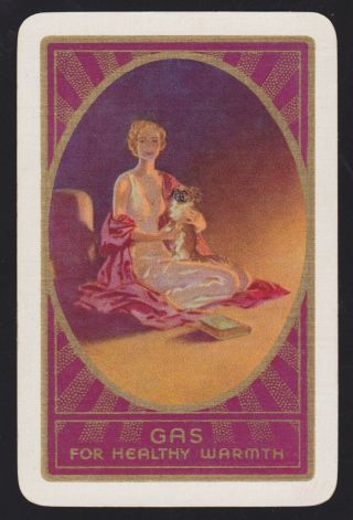 1 Single Vintage Swap/playing Card Adv Gas Evening Lady & Peke Dog Gold Rays