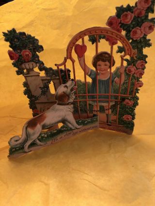 Antique Mechanical Girl & Dog Valentine Card