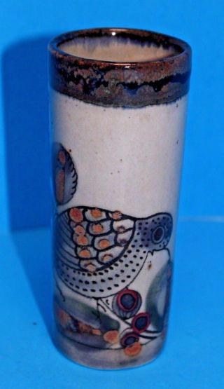 Tonala KEN EDWARDS KE Mexican Art Pottery Bird Butterfly Cylinder Vase 5 - 1/2” 2