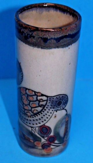 Tonala KEN EDWARDS KE Mexican Art Pottery Bird Butterfly Cylinder Vase 5 - 1/2” 3