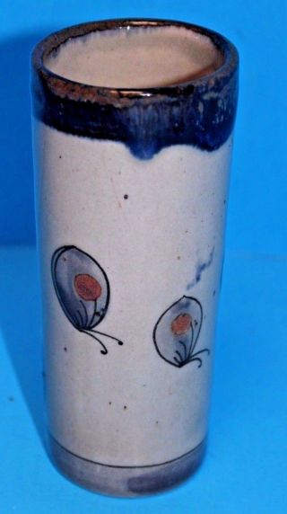 Tonala KEN EDWARDS KE Mexican Art Pottery Bird Butterfly Cylinder Vase 5 - 1/2” 4