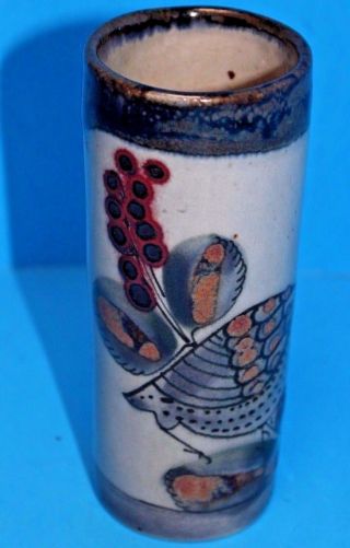 Tonala KEN EDWARDS KE Mexican Art Pottery Bird Butterfly Cylinder Vase 5 - 1/2” 5