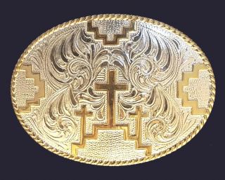 Justin Silver Jewelry Christian Cross Western Tooled Cowboy Belt Buckle