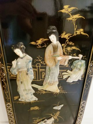 Vintage Black Lacquer Asian Oriental Wall Plaque Picture Mother of Pearl 2