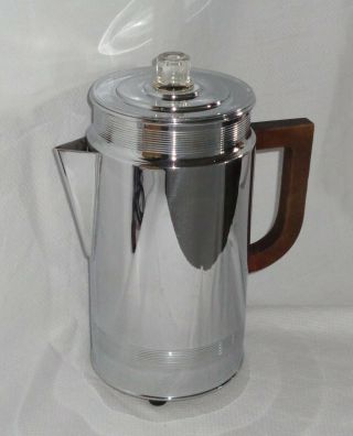 Vtg Art DECO 8 cup Chrome Coffee Pot WOOD Handle Manning Bowman Percolator Maker 4