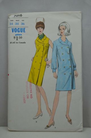 Vintage 1960s Vogue Sewing Pattern 7016 Coat Dress Double Breasted 14 34 Uncut