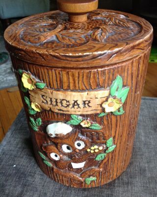 Vintage Treasure Craft Woodsy Owls Faux Wood Ceramic Sugar Jar Canister