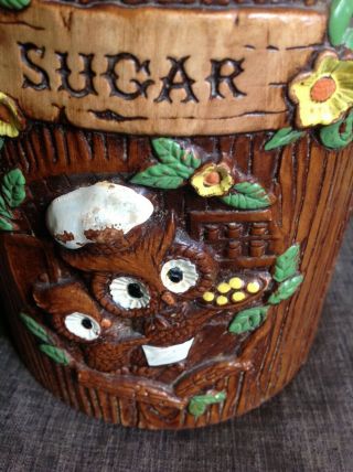 Vintage Treasure Craft Woodsy Owls faux Wood Ceramic Sugar Jar Canister 2
