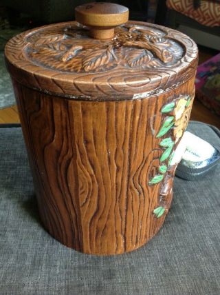 Vintage Treasure Craft Woodsy Owls faux Wood Ceramic Sugar Jar Canister 3