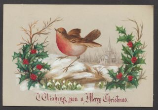 C5302 Victorian Hand Painted Xmas Card: Robin & Holly 1870s