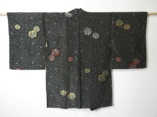 0704s02z650 Vintage Japanese Kimono Silk Urushi Haori Black Chrysanthemum