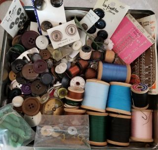 Vintage Sewing Buttons Thread Wooden Spools Eye Hooks Sequins Stuffed Animal Eye