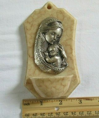 Vintage Italian Marble Resin Holy Water Font Virgin W/ Baby Jesus Christian Dorm