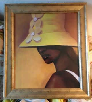 Vintage Lg 1960s Black Americana Woman Painting Yellow Hat L.  Cooper Signed Mcm