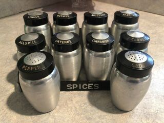 Vintage Kromex Spun Aluminum Spice Rack Set W/ Salt And Pepper Shakers