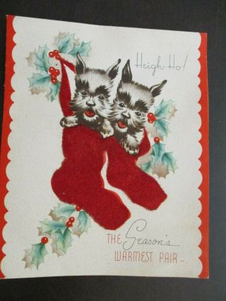 Scottie Dogs Red Flocked Christmas Stockings Vintage Art Deco Xmas Greeting Card