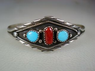 Vintage Navajo Stamped Sterling Silver & Turquoise Coral Bracelet Signed