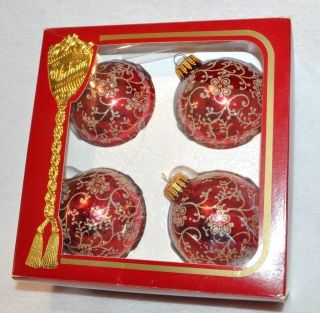 4 Vintage Victorian Red Gold Glitter Stencil Round Ball Christmas Tree Ornaments