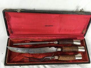 Antique Stiletto Carving Knife In Case Sharpening Steel Meat Fork Stag Antler