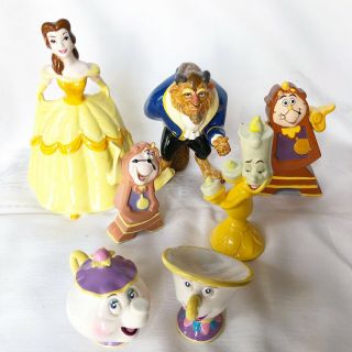Vintage Disney Beauty And The Beast Set Of 7 Porcelain Figurines Japan Euc