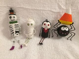 Set Of 4 Glittery Halloween Ornaments: Skeleton,  Mummy,  Spider/candy Corn,  Vamp